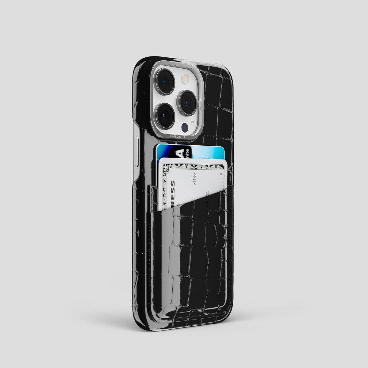Black iPhone 13 Pro Double Card Case Shiny Alligator with Steel Metal -2 | Black-Steel