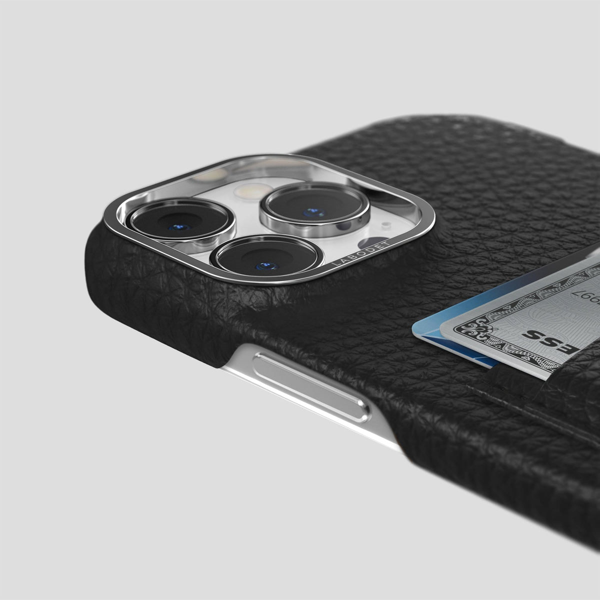 Black iPhone 13 Pro Max Card Case Calf with Steel Metal -5 | Black-Steel