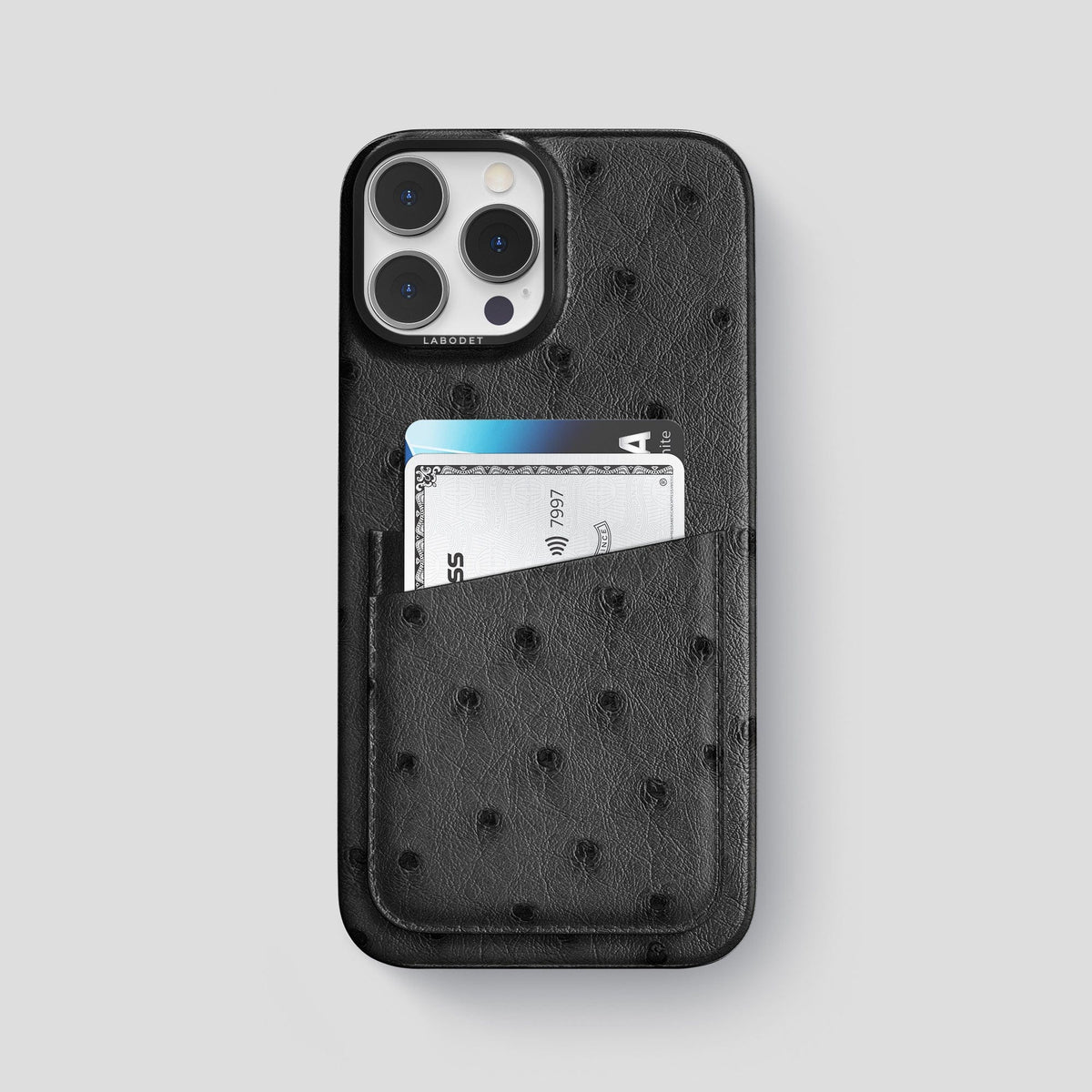 Black iPhone 13 Pro Card Case Ostrich with Black Metal -1 | Black-Black