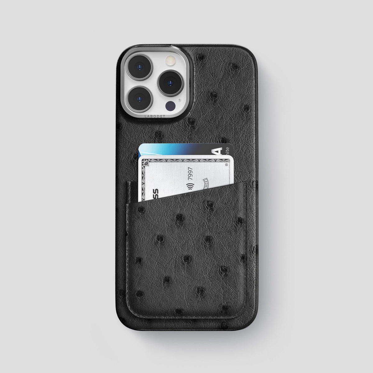 Black iPhone 13 Pro Card Case Ostrich with Black Metal -1 | Black-Steel