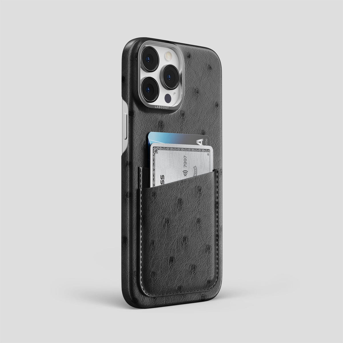 Black iPhone 13 Pro Card Case Ostrich with Black Metal -2 | Black-Steel