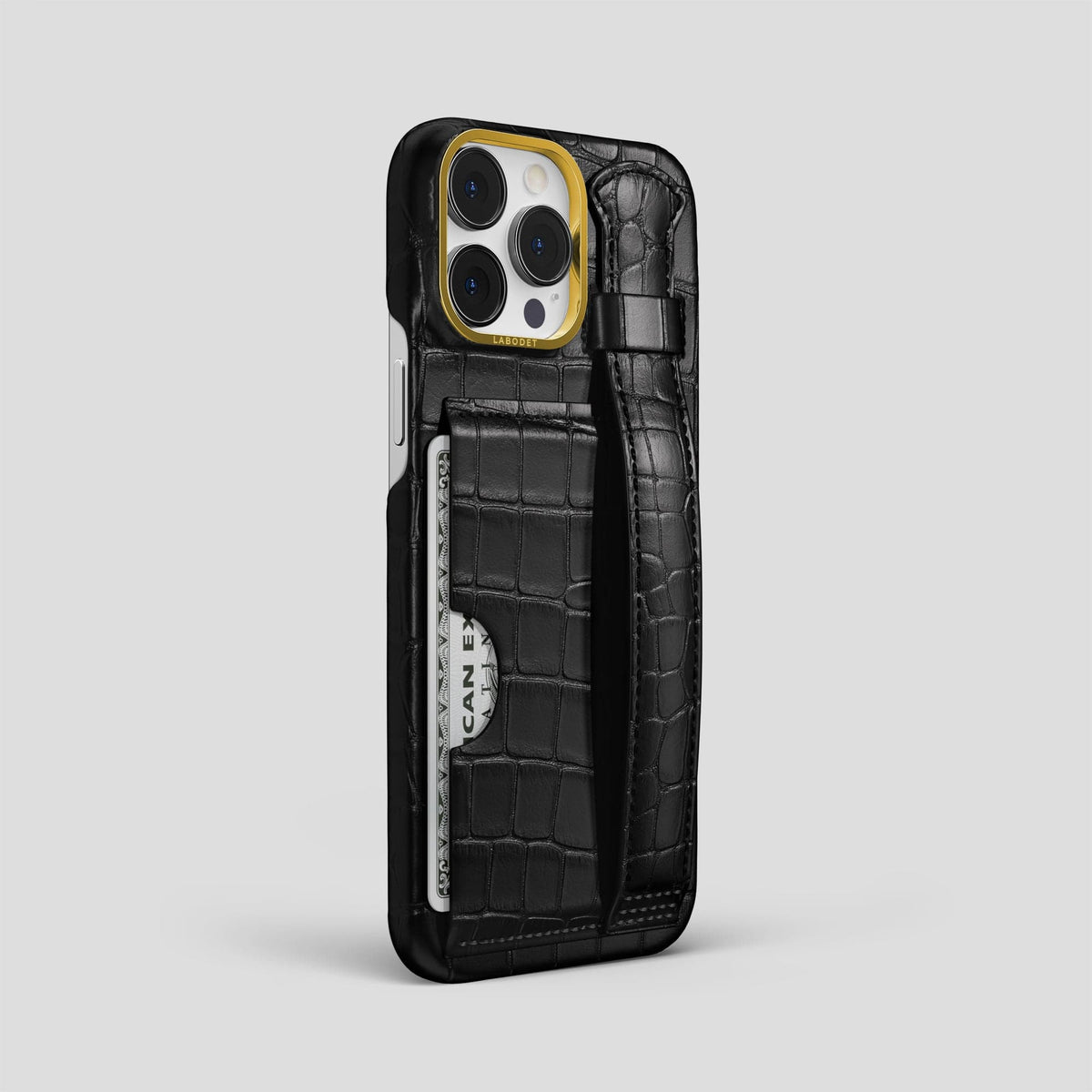 Black iPhone 13 Pro Max Cardholder Strap Case Alligator with Gold Metal -2 | Black-Gold