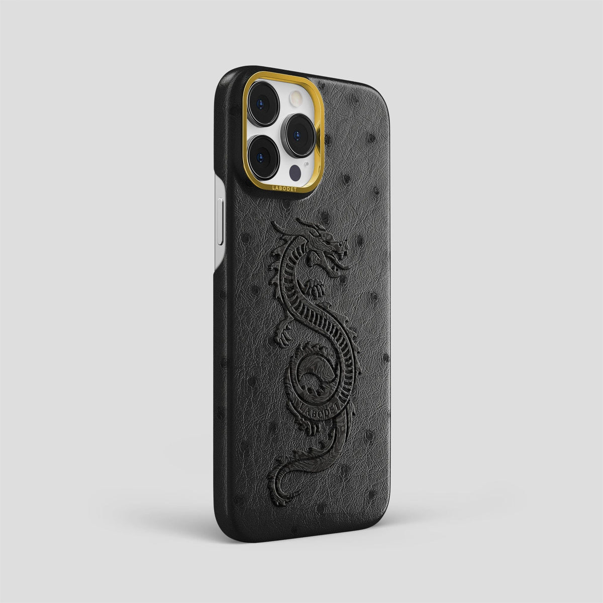Black iPhone 13 Pro Max Classic Case Ostrich with Gold Metal -2 | Black-Gold