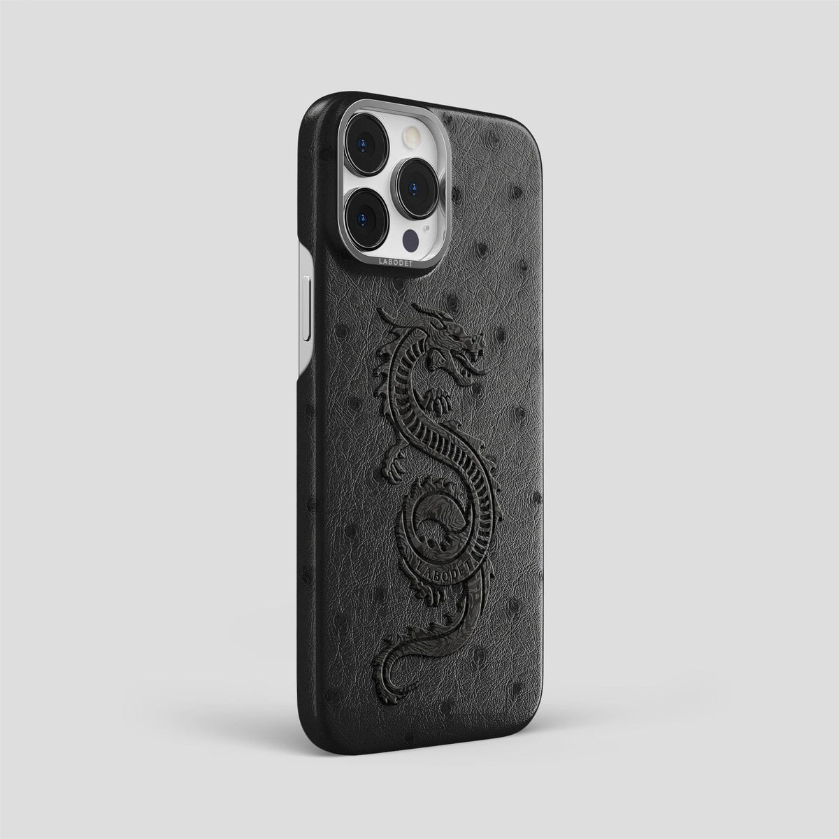 Black iPhone 13 Pro Max Classic Case Ostrich with Black Metal -2 | Black-Steel