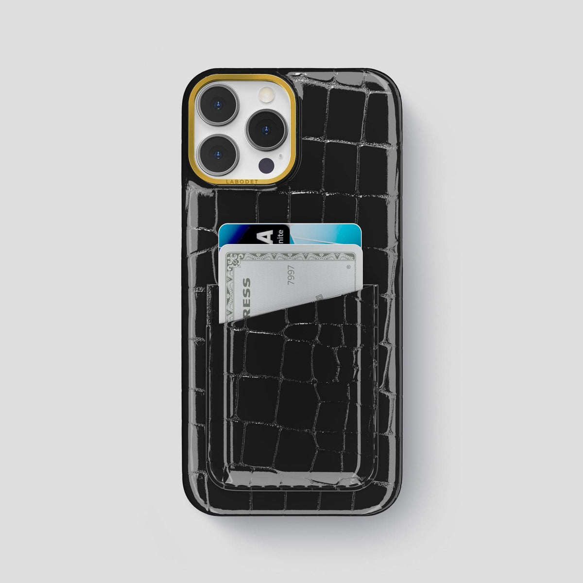 Black iPhone 13 Pro Max Double Card Case Shiny Alligator with Gold Metal -1 | Black-Gold