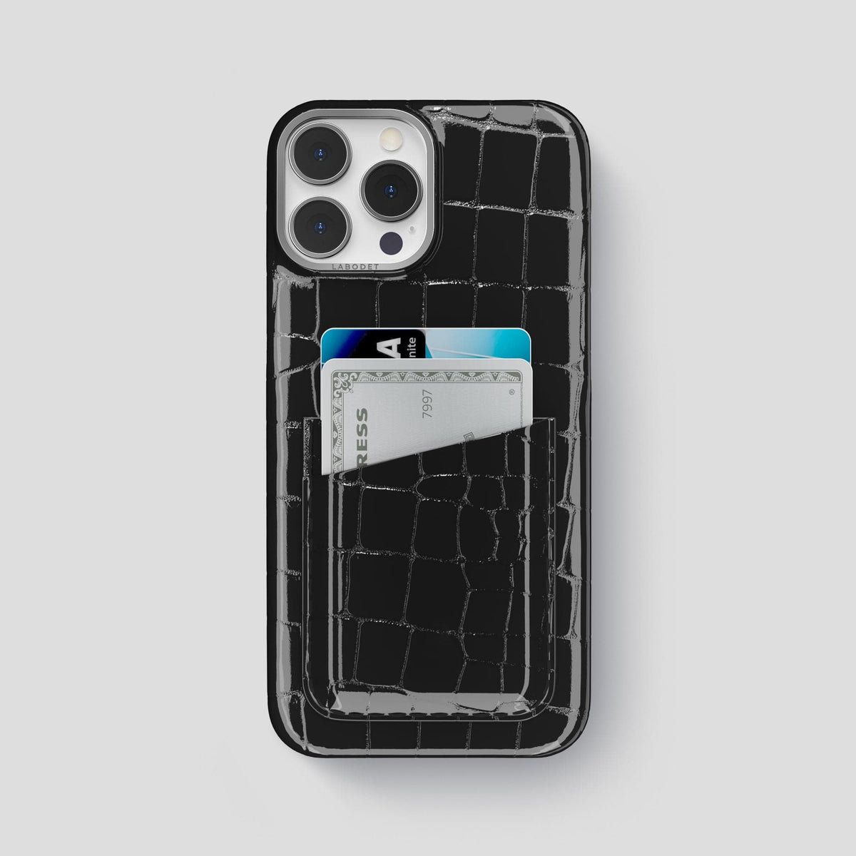 Black iPhone 13 Pro Max Double Card Case Shiny Alligator with Steel Metal -1 | Black-Steel