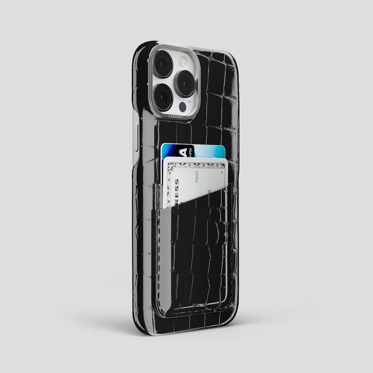 Black iPhone 13 Pro Max Double Card Case Shiny Alligator with Steel Metal -2 | Black-Steel