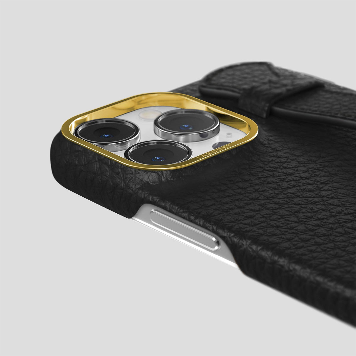 Black iPhone 13 Pro Max Strap Case Calf with Gold Metal -6 | Black-Gold