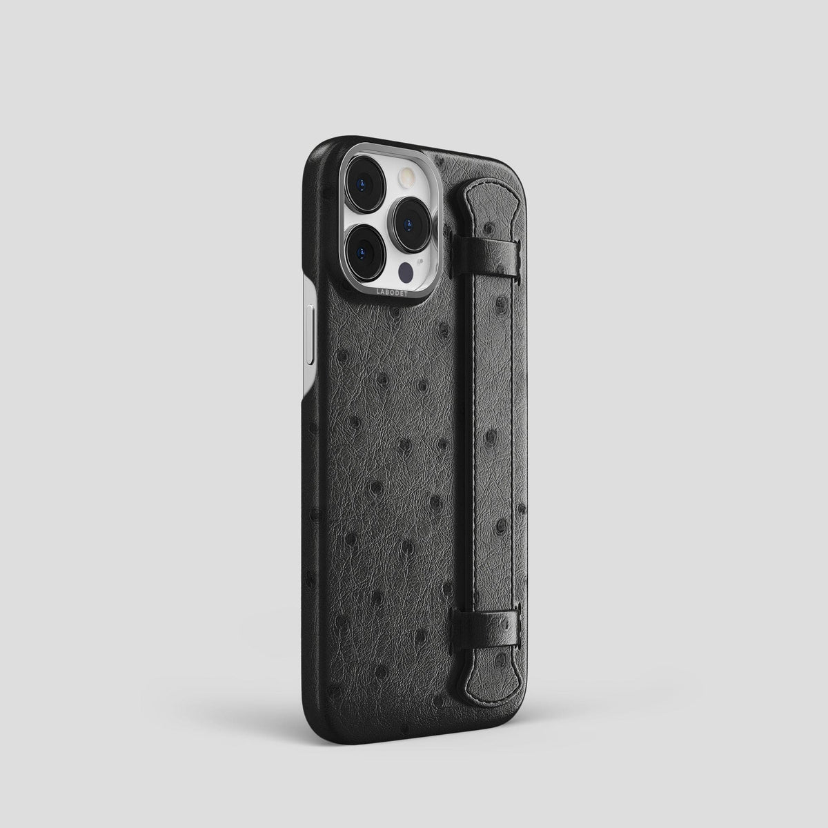 Black iPhone 13 Pro Handle Case Ostrich with Black Metal -2 | Black-Steel