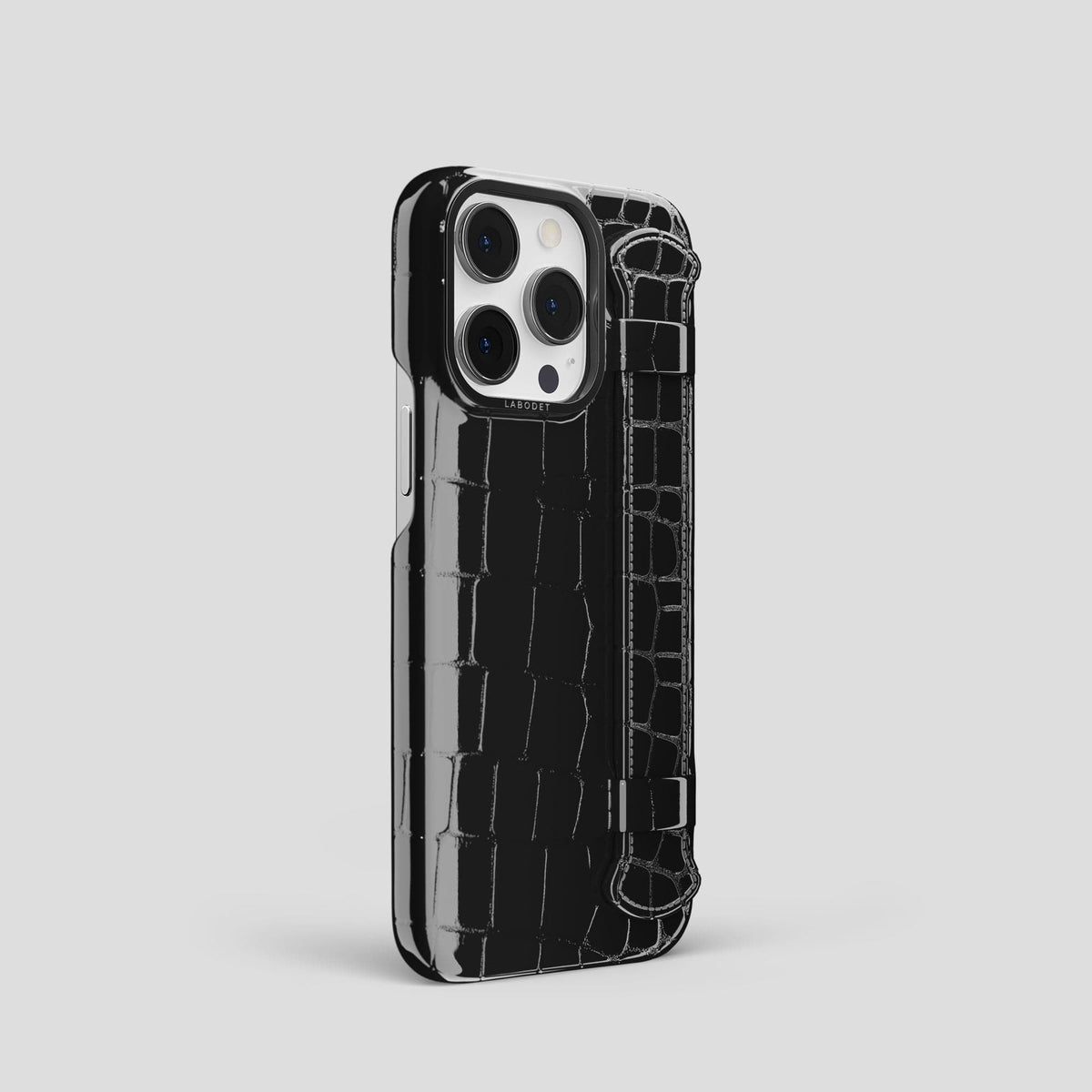 Black iPhone 13 Pro Strap Case Shiny Alligator with Black Metal -2 | Black-Black