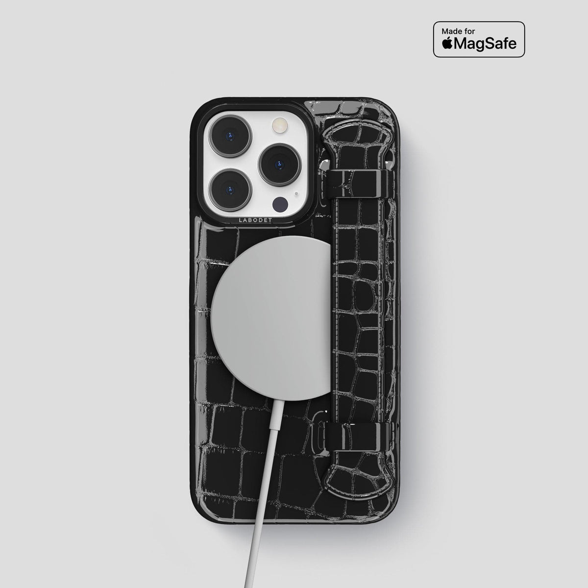 Black iPhone 13 Pro Strap Case Shiny Alligator with Black Metal -5 | Black-Black