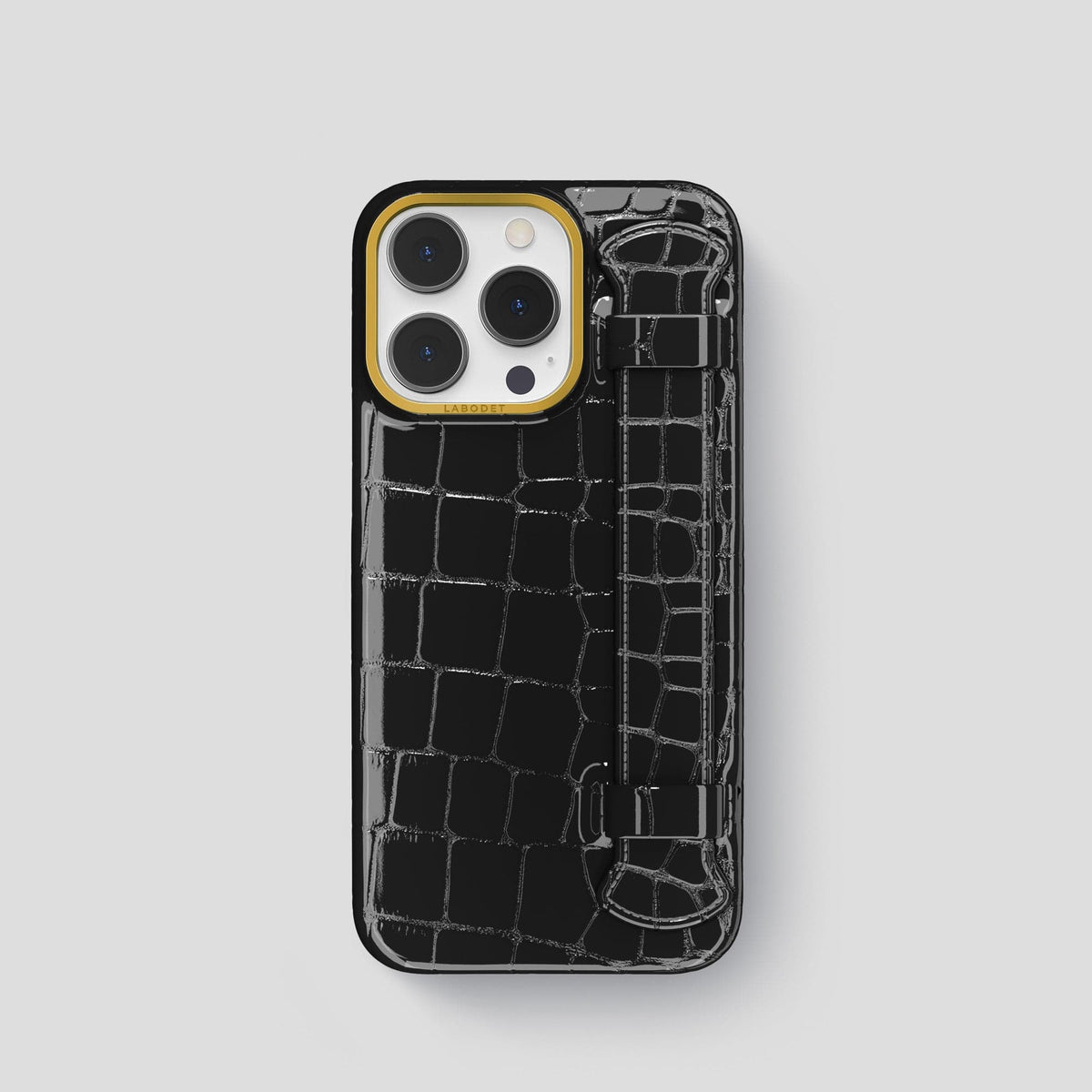 Black iPhone 13 Pro Strap Case Shiny Alligator with Gold Metal -1 | Black-Gold