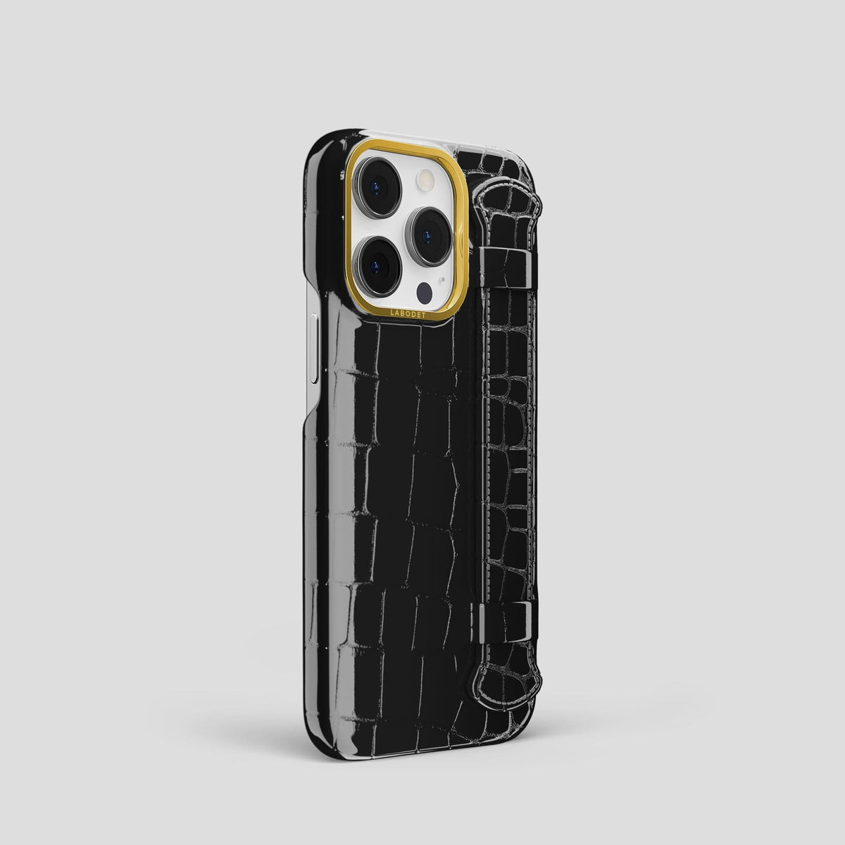 Black iPhone 13 Pro Strap Case Shiny Alligator with Gold Metal -2 | Black-Gold