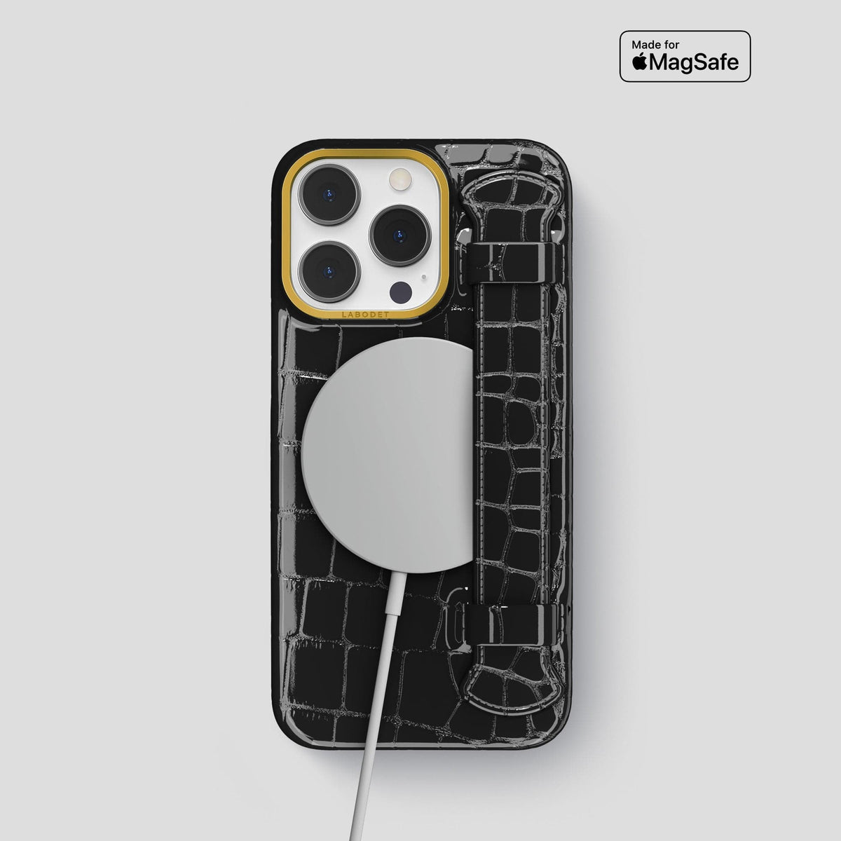 Black iPhone 13 Pro Strap Case Shiny Alligator with Gold Metal -5 | Black-Gold