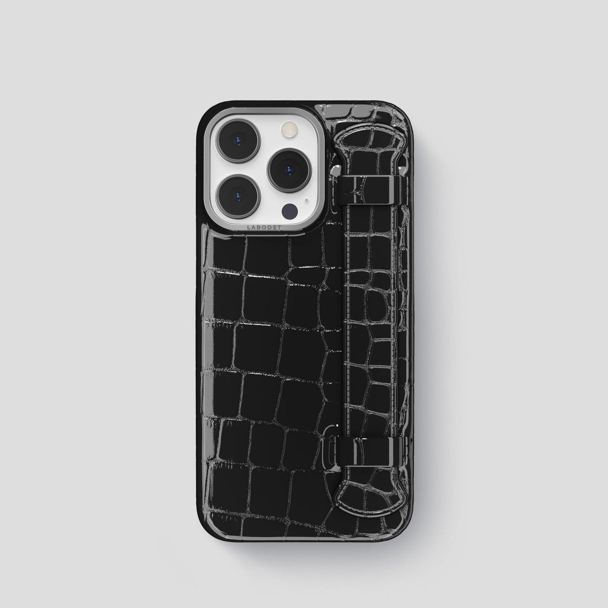 Black iPhone 13 Pro Strap Case Shiny Alligator with Steel Metal -1 | Black-Steel