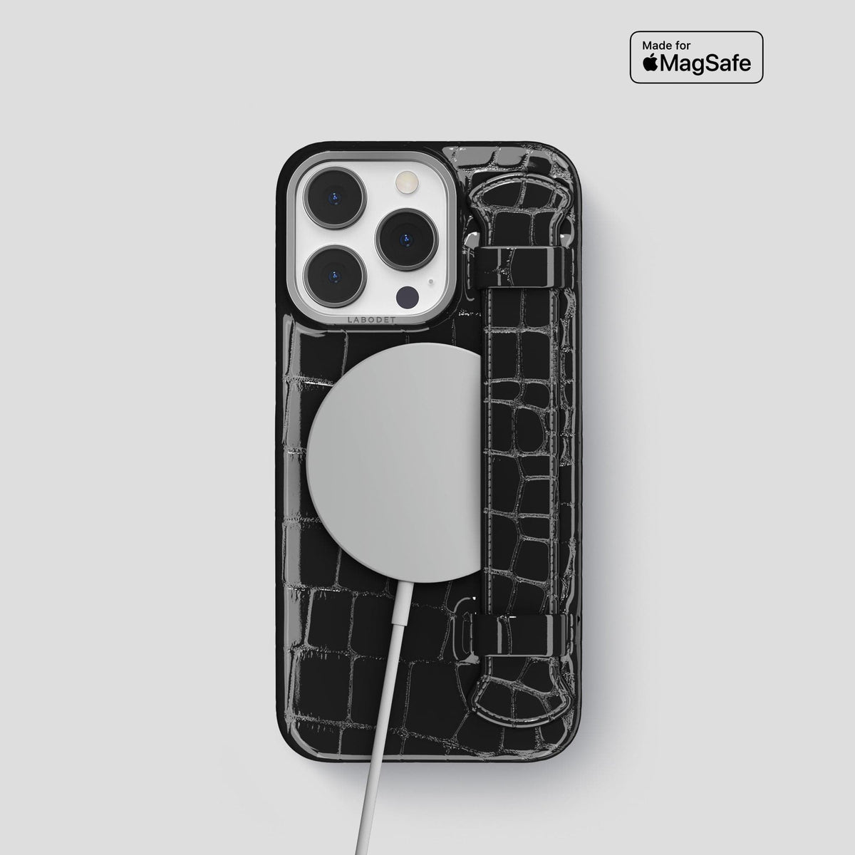 Black iPhone 13 Pro Strap Case Shiny Alligator with Steel Metal -5 | Black-Steel