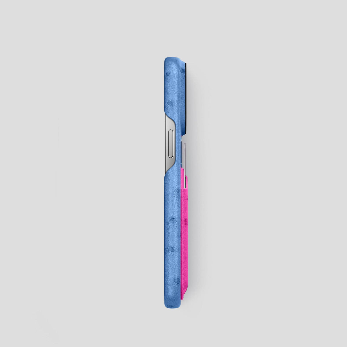 Navy-Blue-Fuchsia iPhone 13 Pro Card Case Colore Ostrich with Black Metal -3 | Navy-Blue-Fuchsia-Black
