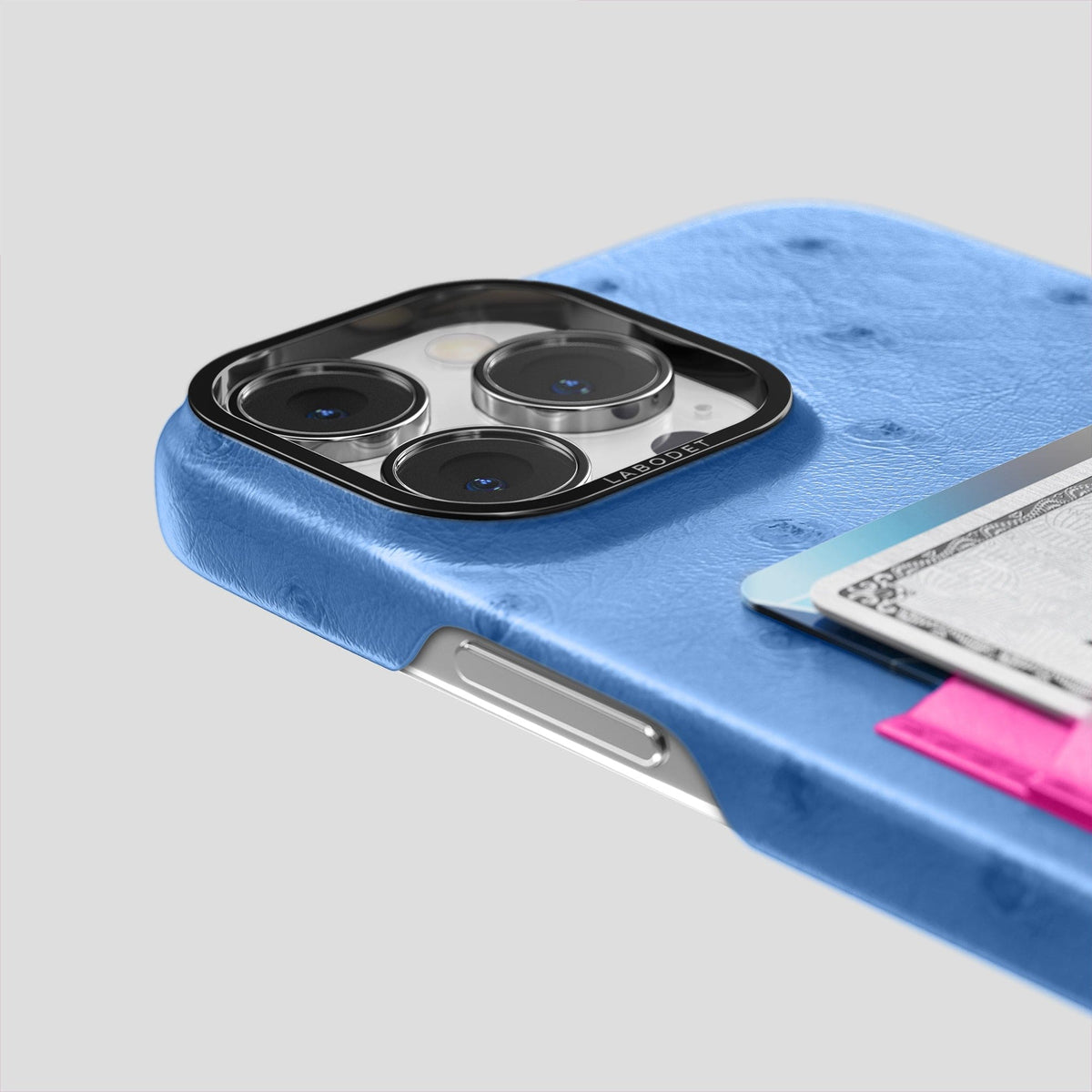 Navy-Blue-Fuchsia iPhone 13 Pro Card Case Colore Ostrich with Black Metal -5 | Navy-Blue-Fuchsia-Black