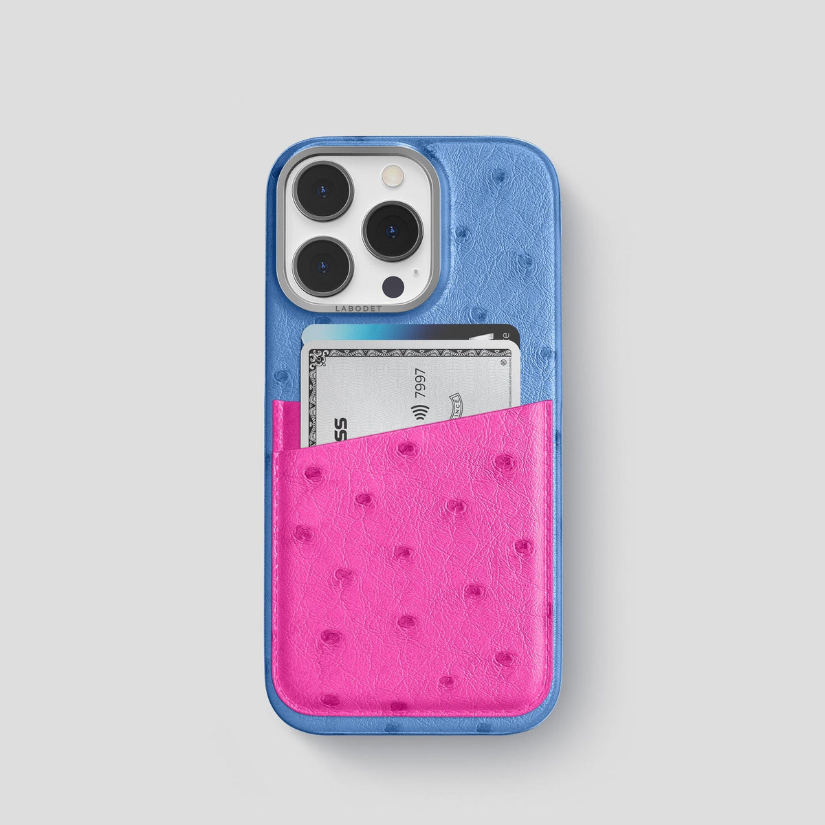 Navy-Blue-Fuchsia iPhone 13 Pro Card Case Colore Ostrich with Steel Metal -1 | Navy-Blue-Fuchsia-Steel