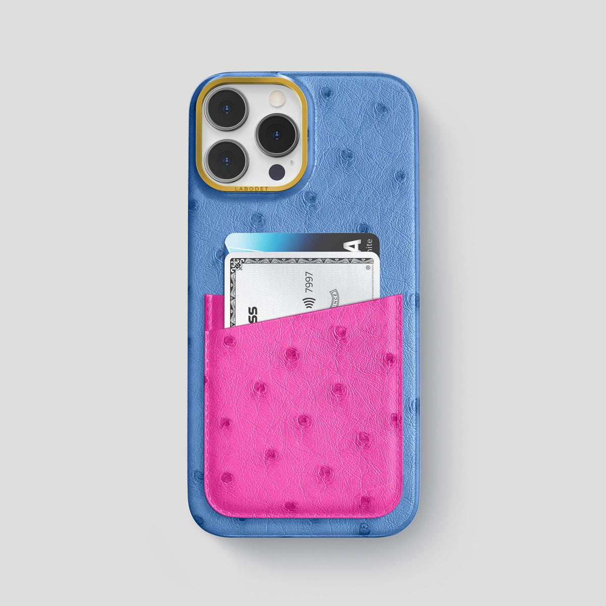 Navy-Blue-Fuchsia iPhone 13 Pro Card Case Colore Ostrich with Gold Metal -1 | Navy-Blue-Fuchsia-Gold