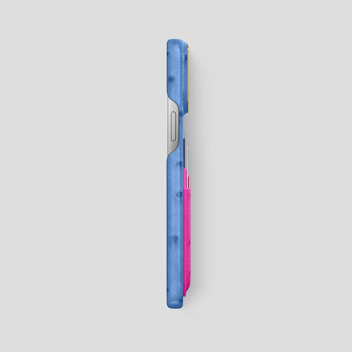 Navy-Blue-Fuchsia iPhone 13 Pro Card Case Colore Ostrich with Gold Metal -3 | Navy-Blue-Fuchsia-Gold