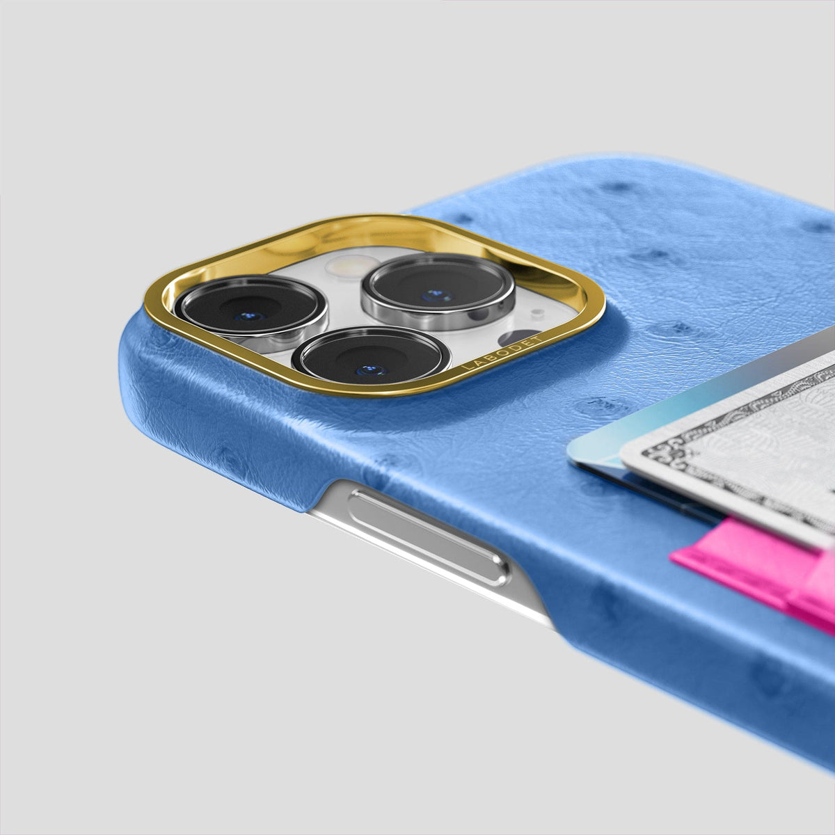 Navy-Blue-Fuchsia iPhone 13 Pro Card Case Colore Ostrich with Gold Metal -5 | Navy-Blue-Fuchsia-Gold