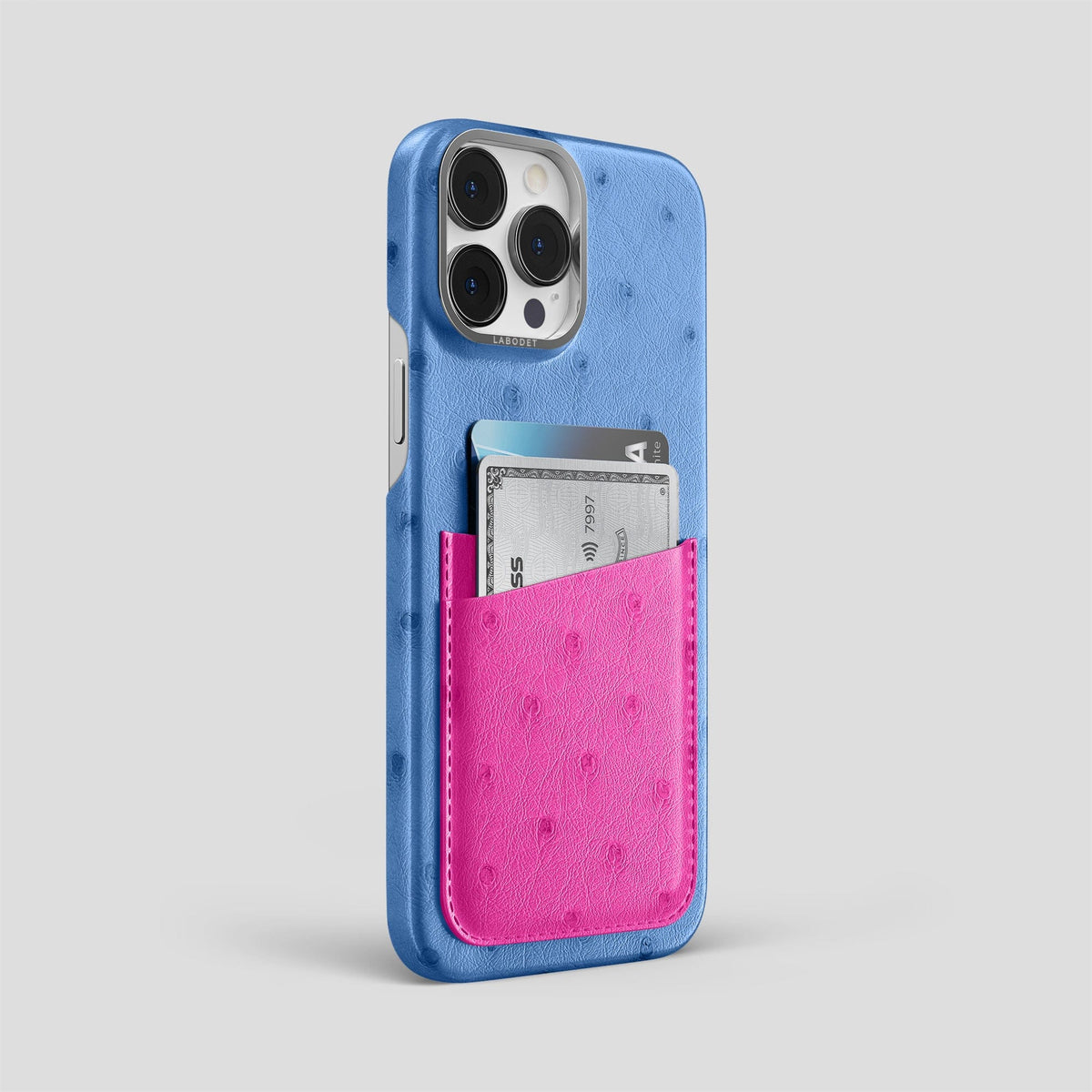 Navy-Blue-Fuchsia iPhone 13 Pro Card Case Colore Ostrich with Steel Metal -2 | Navy-Blue-Fuchsia-Steel