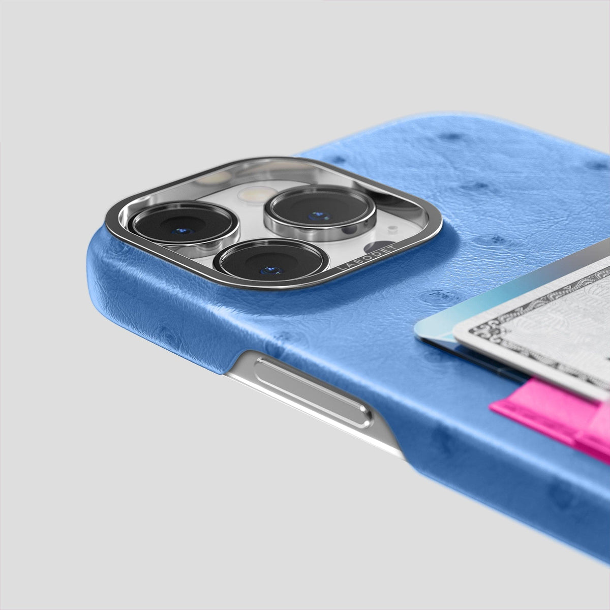 Navy-Blue-Fuchsia iPhone 13 Pro Card Case Colore Ostrich with Steel Metal -5 | Navy-Blue-Fuchsia-Steel