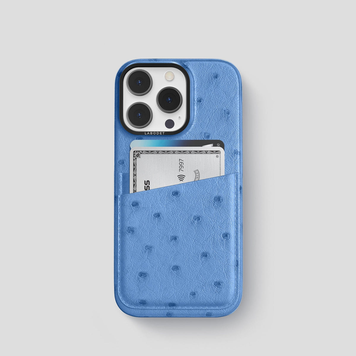 Navy-Blue iPhone 13 Pro Card Case Ostrich with Black Metal -1 | Navy-Blue-Black