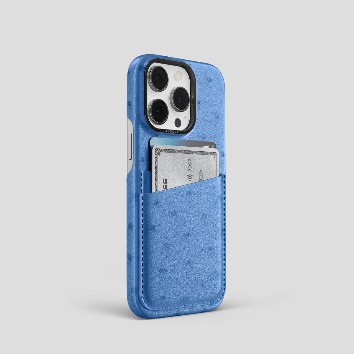 Navy-Blue iPhone 13 Pro Card Case Ostrich with Black Metal -2 | Navy-Blue-Black