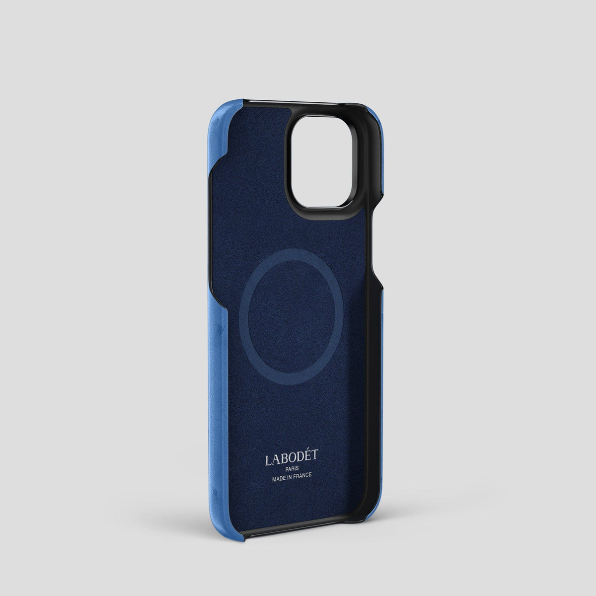 Navy-Blue iPhone 13 Pro Card Case Ostrich with Black Metal -4 | Navy-Blue-Black
