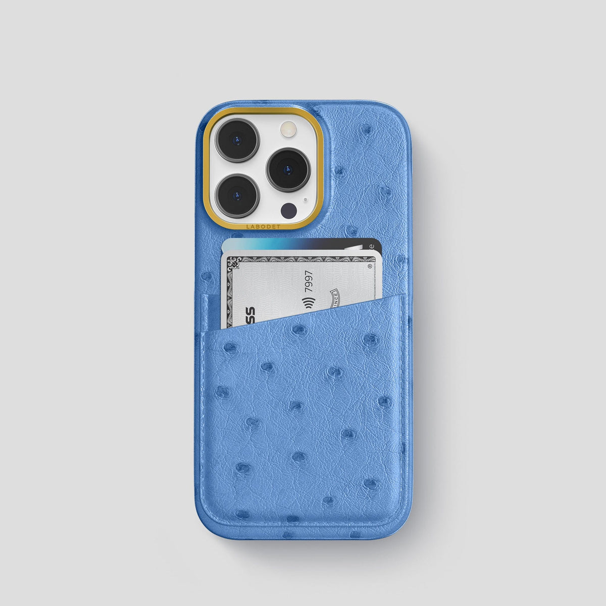 Navy-Blue iPhone 13 Pro Card Case Ostrich with Gold Metal -1 | Navy-Blue-Gold
