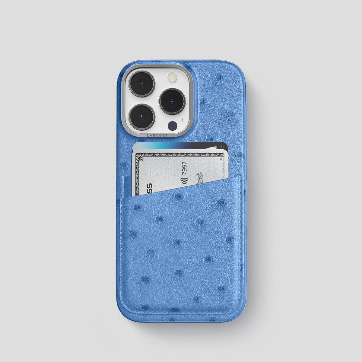 Navy-Blue iPhone 13 Pro Card Case Ostrich with Steel Metal -1 | Navy-Blue-Steel