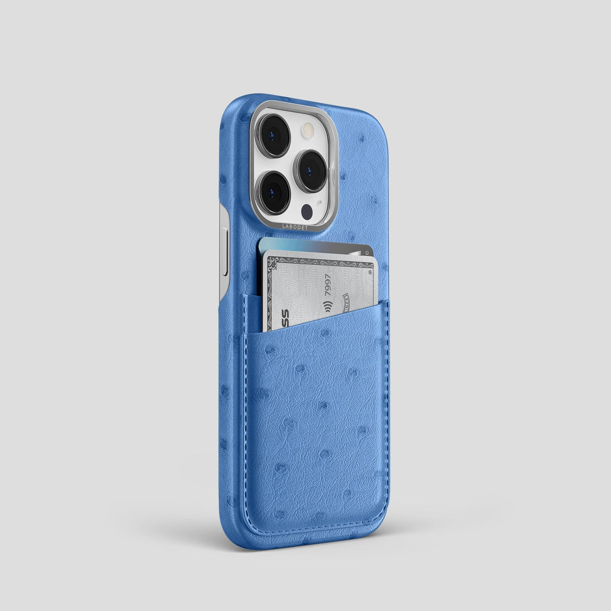 Navy-Blue iPhone 13 Pro Card Case Ostrich with Steel Metal -2 | Navy-Blue-Steel