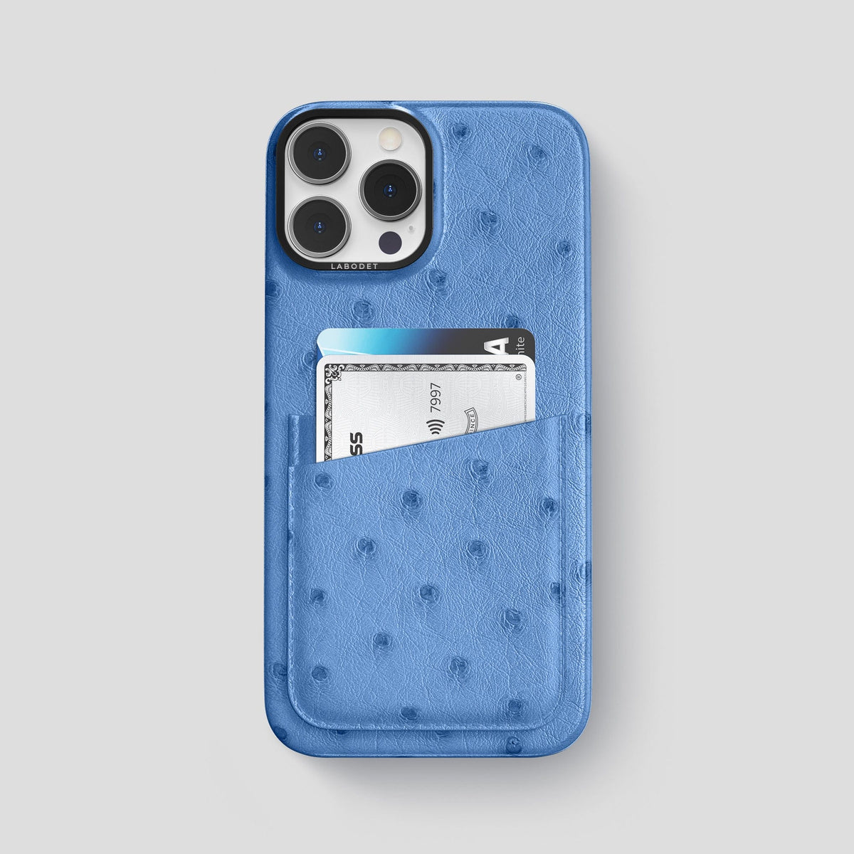 Navy-Blue iPhone 13 Pro Card Case Ostrich with Black Metal -1 | Navy-Blue-Black