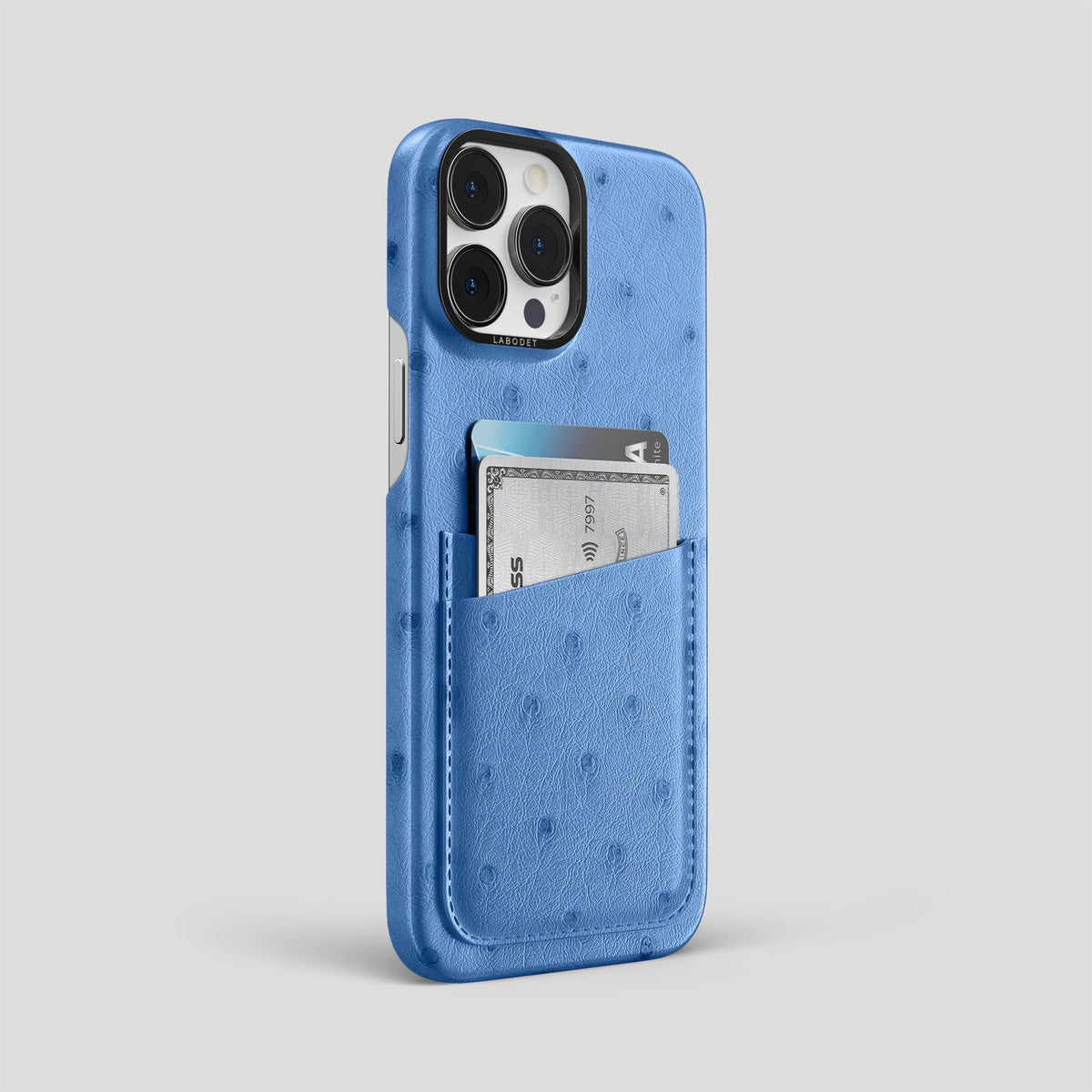 Navy-Blue iPhone 13 Pro Card Case Ostrich with Black Metal -2 | Navy-Blue-Black