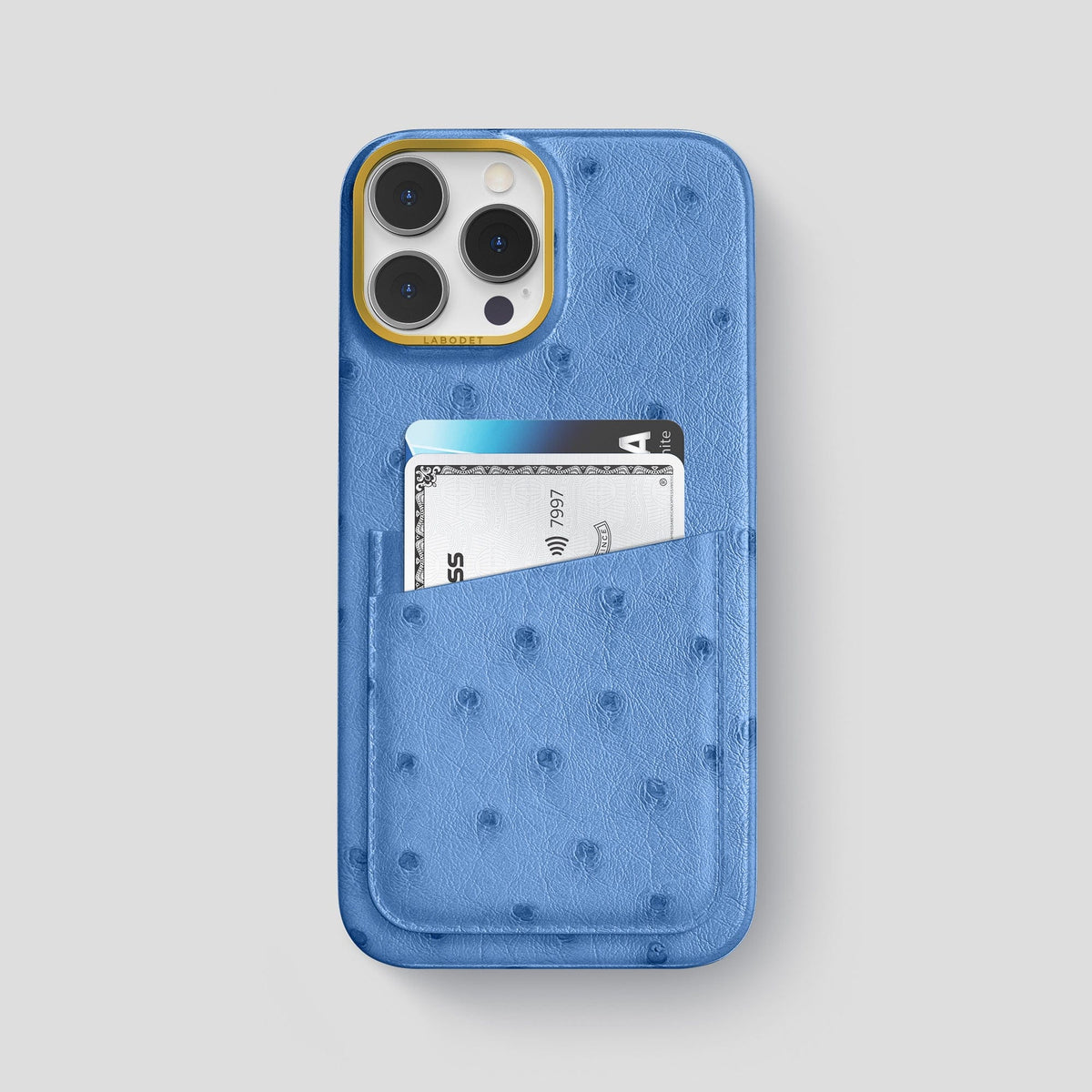 Navy-Blue iPhone 13 Pro Card Case Ostrich with Gold Metal -1 | Navy-Blue-Gold