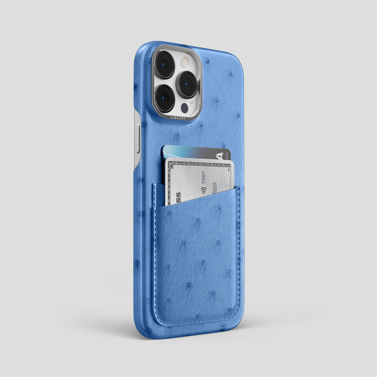 Navy-Blue iPhone 13 Pro Card Case Ostrich with Steel Metal -2 | Navy-Blue-Steel