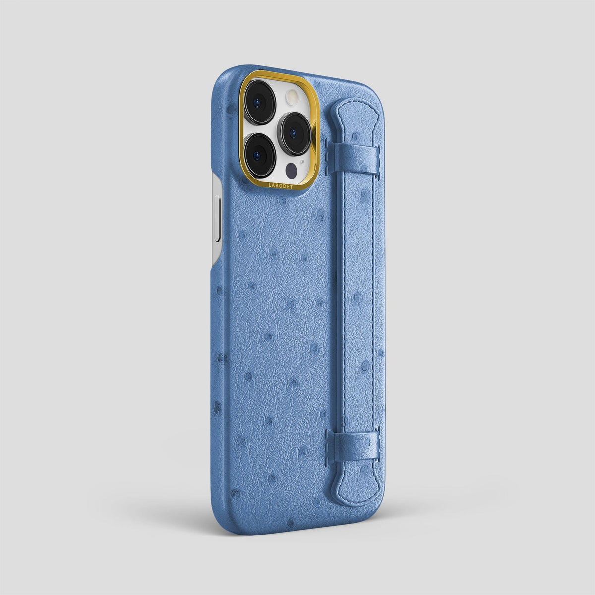 Navy-Blue iPhone 13 Pro Max Handle Case Ostrich with Gold Metal -2 | Navy-Blue-Gold