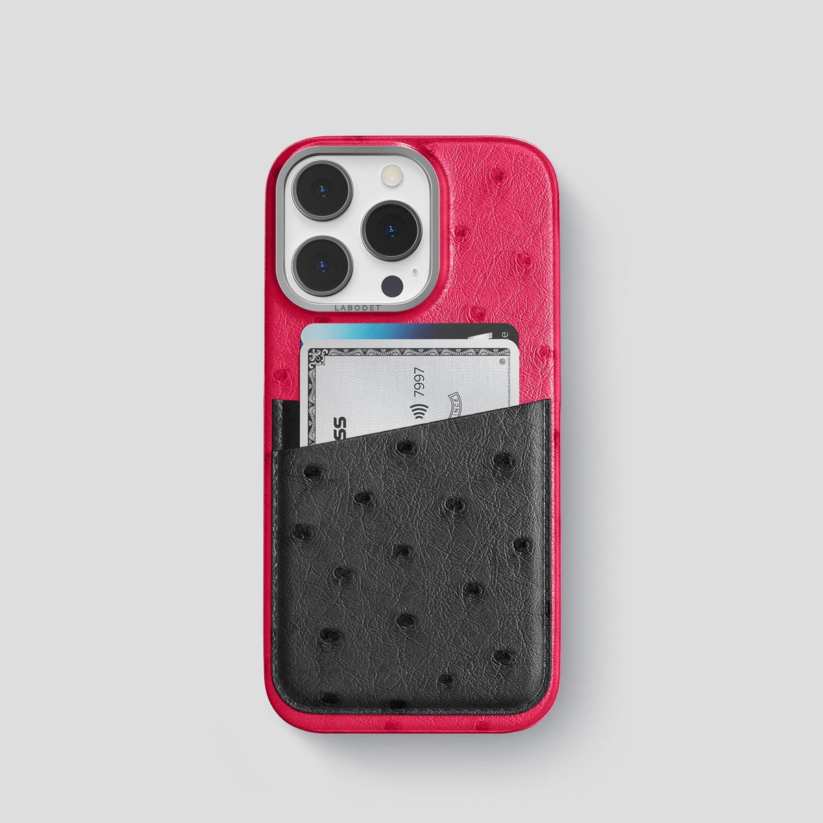 Bordeaux-Black iPhone 13 Pro Card Case Colore Ostrich with Black Metal -1 | Bordeaux-Black-Steel