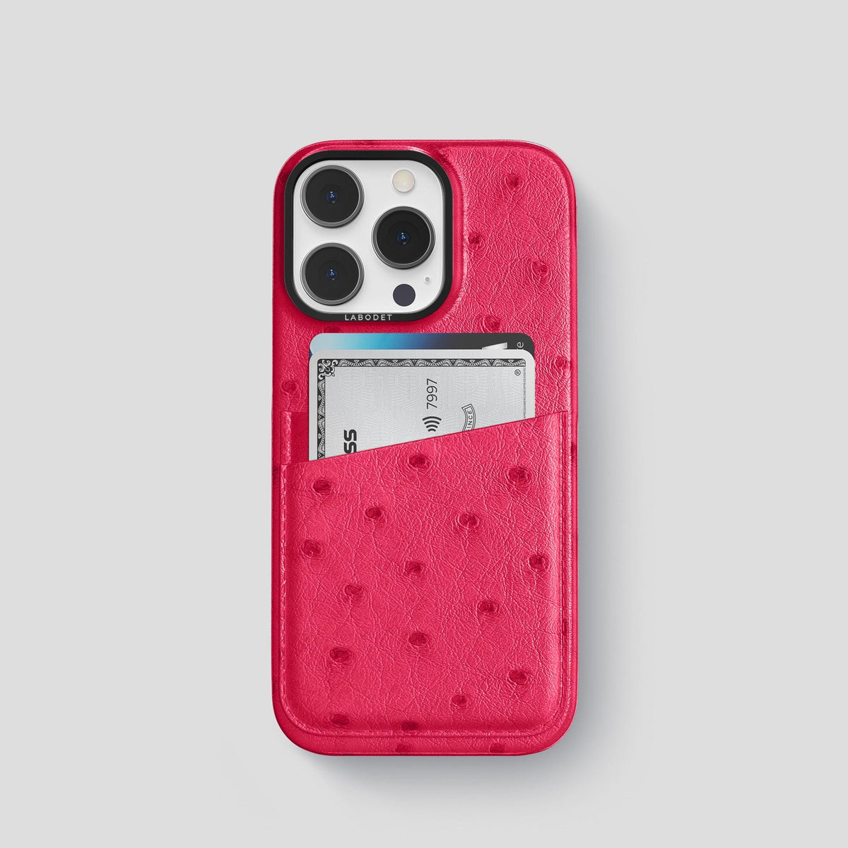 Bordeaux iPhone 13 Pro Card Case Ostrich with Black Metal -1 | Bordeaux-Black