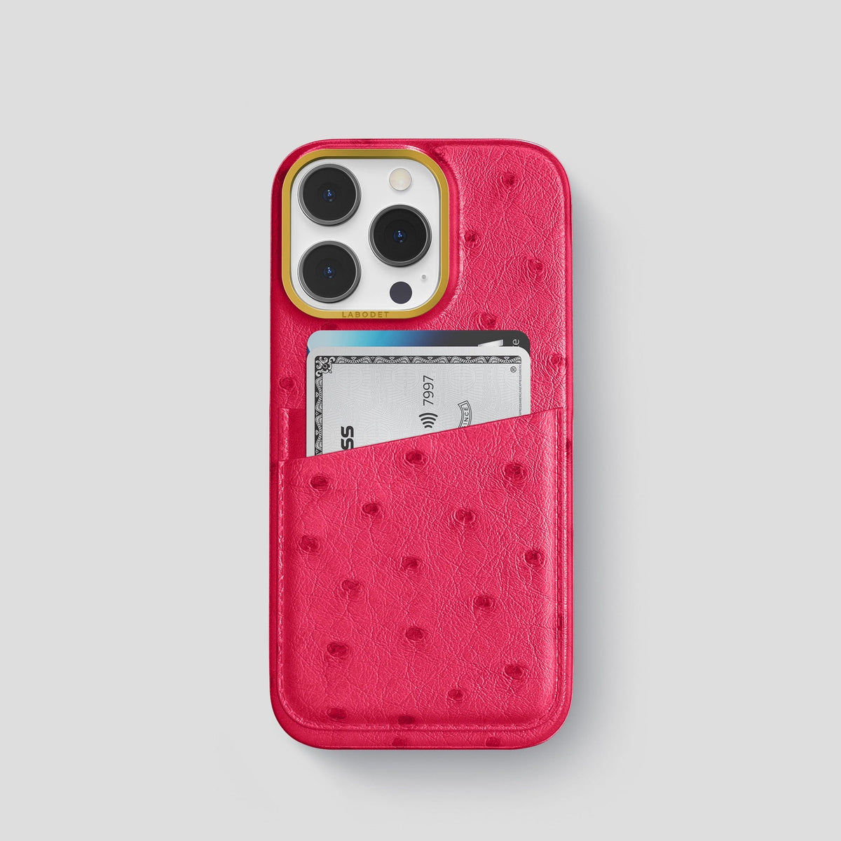 Bordeaux iPhone 13 Pro Card Case Ostrich with Gold Metal -1 | Bordeaux-Gold