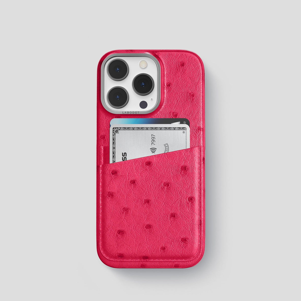 Bordeaux iPhone 13 Pro Card Case Ostrich with Steel Metal -1 | Bordeaux-Steel