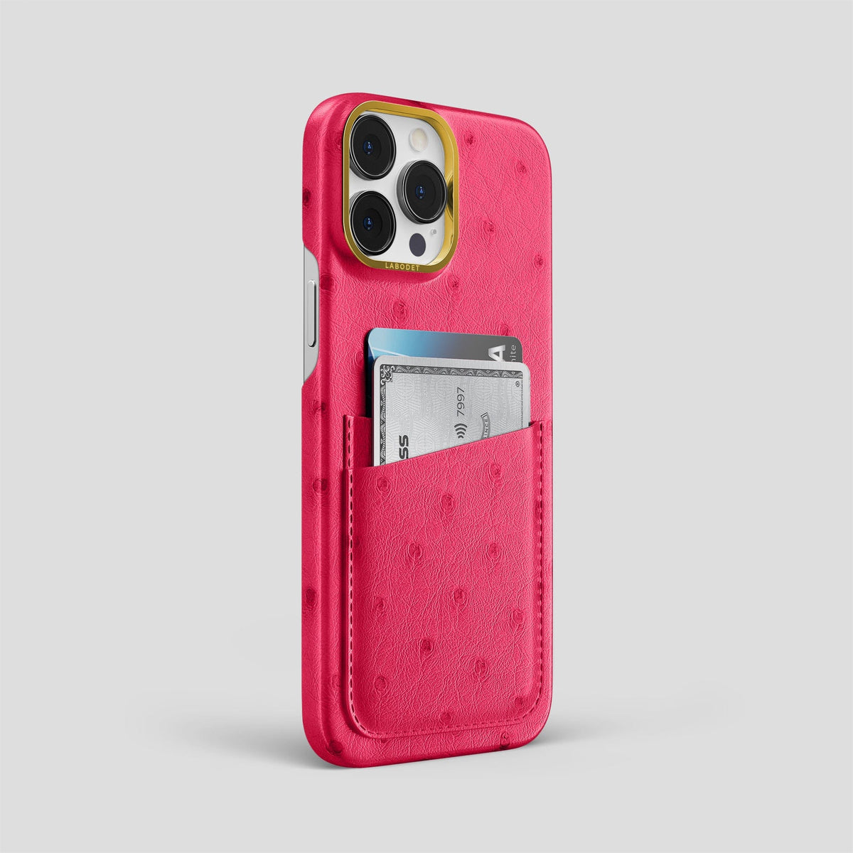 Bordeaux iPhone 13 Pro Card Case Ostrich with Gold Metal -2 | Bordeaux-Gold