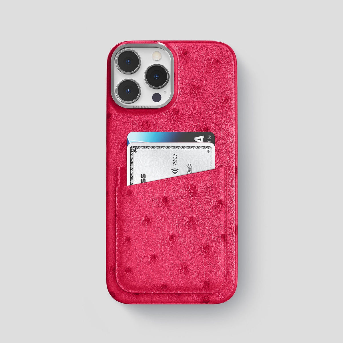 Bordeaux iPhone 13 Pro Card Case Ostrich with Steel Metal -1 | Bordeaux-Steel