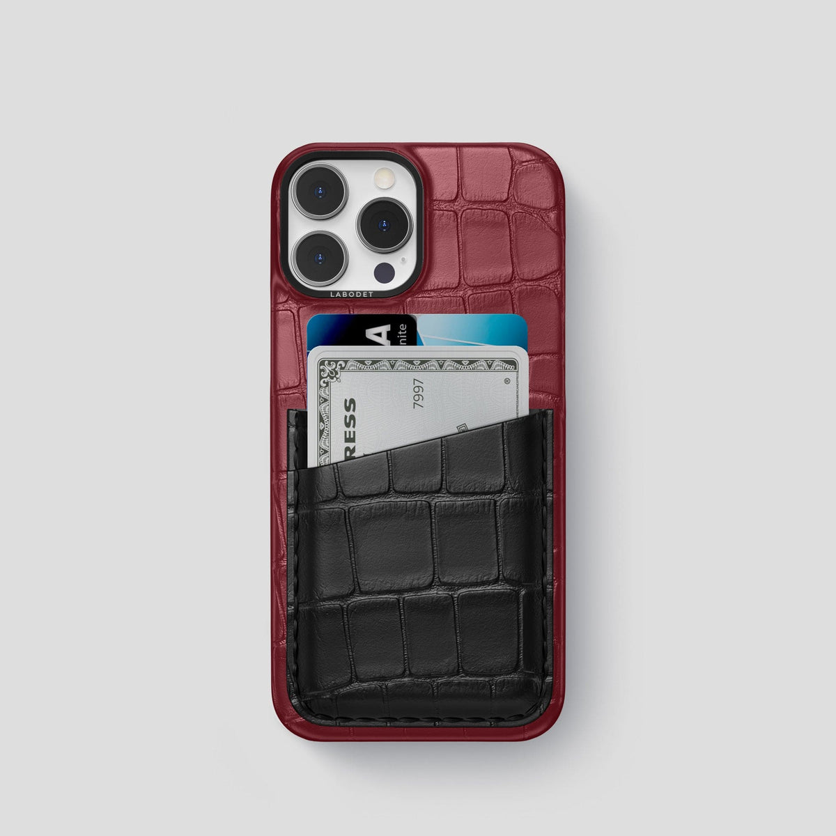 Burgundy-Black iPhone 13 Pro Card Case Alligator with Black Metal -1 | Burgundy-Black-Black