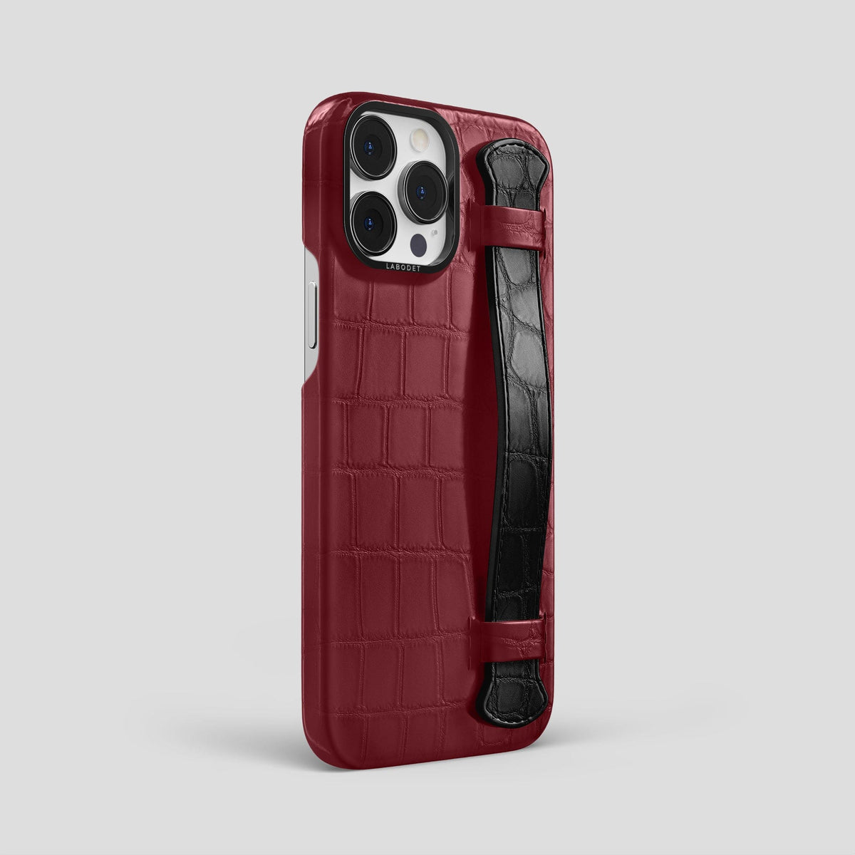 Burgundy-Black iPhone 13 Pro Max Strap Case Alligator with Black Metal -2 | Burgundy-Black-Black