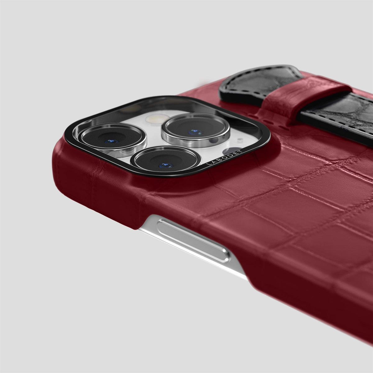 Burgundy-Black iPhone 13 Pro Max Strap Case Alligator with Black Metal -5 | Burgundy-Black-Black
