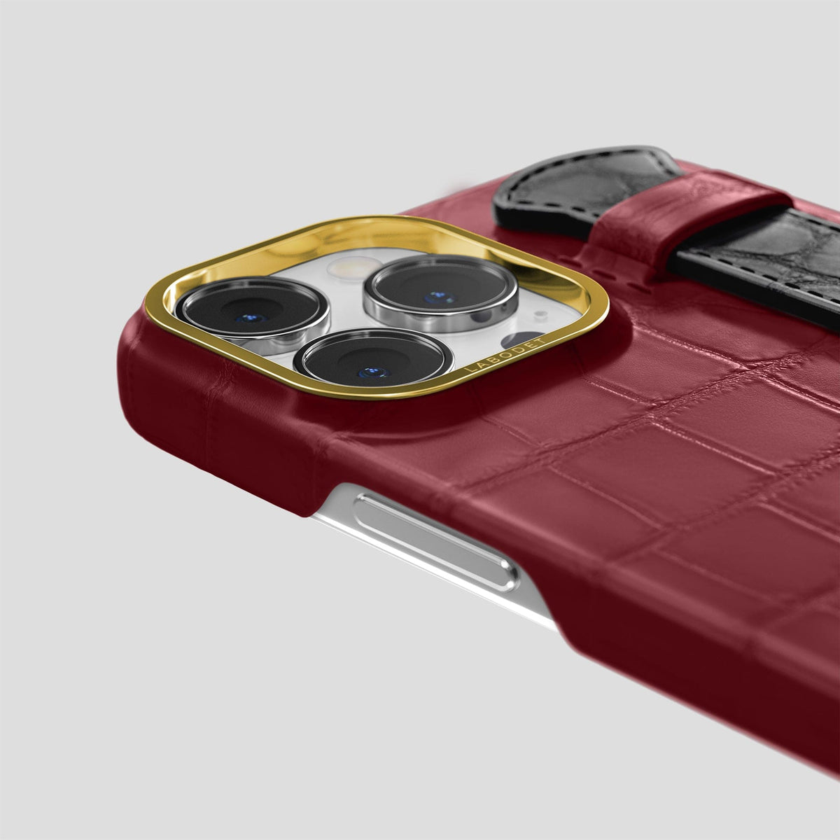 Burgundy-Black iPhone 13 Pro Max Strap Case Alligator with Gold Metal -5 | Burgundy-Black-Gold