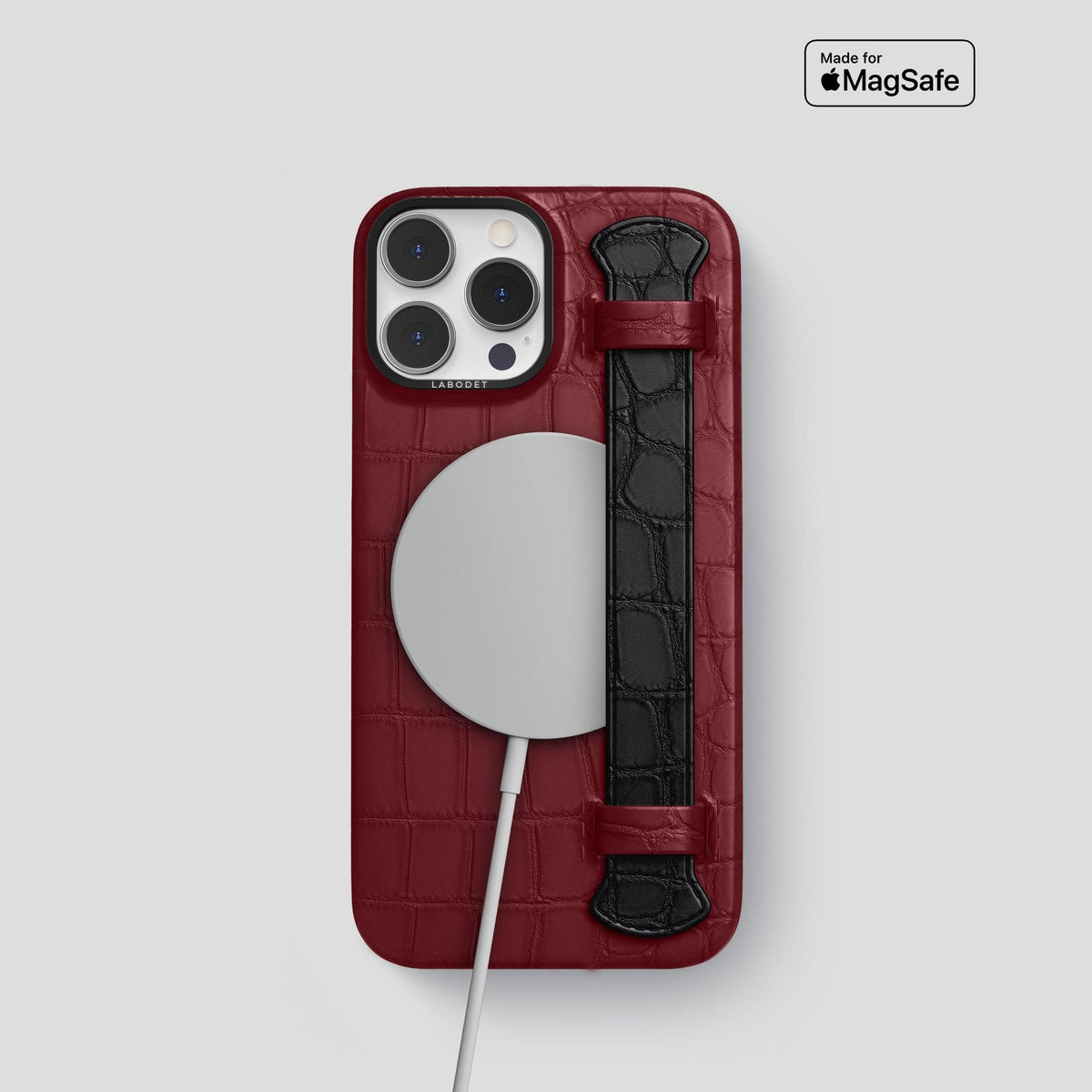 Burgundy-Black iPhone 13 Pro Strap Case Alligator with Black Metal -4 | Burgundy-Black-Black